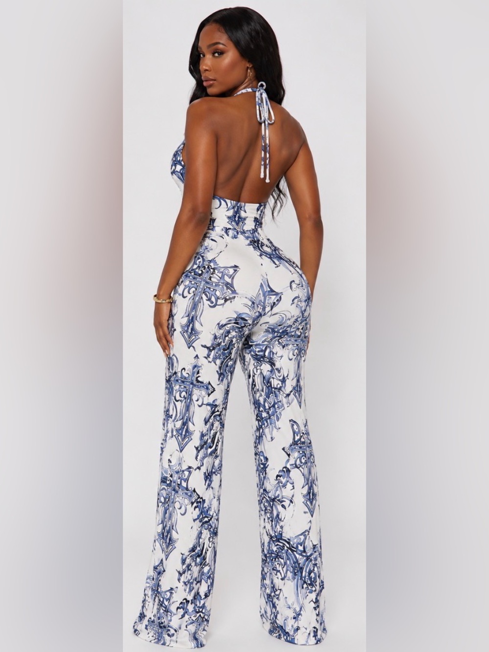 Cream & Blue Cross Patterned Jumpsuit